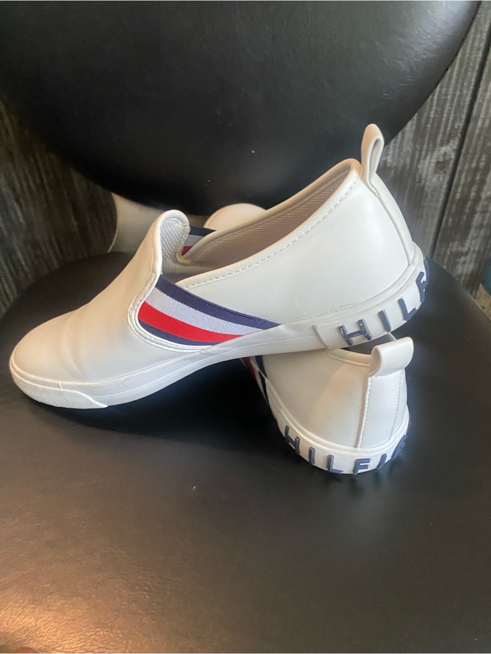 Tommy Hilfiger Women White Slip-On Sneakers with Red & Blue Stripes